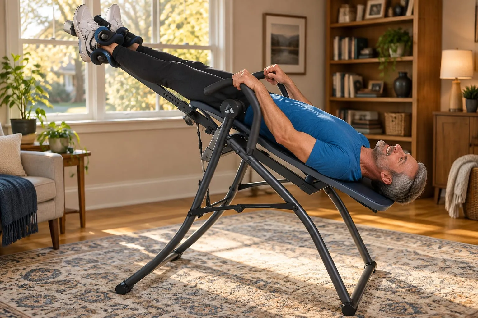 A smiling man holding the side handles of an inversion table tilted head-down in a sunny living room
