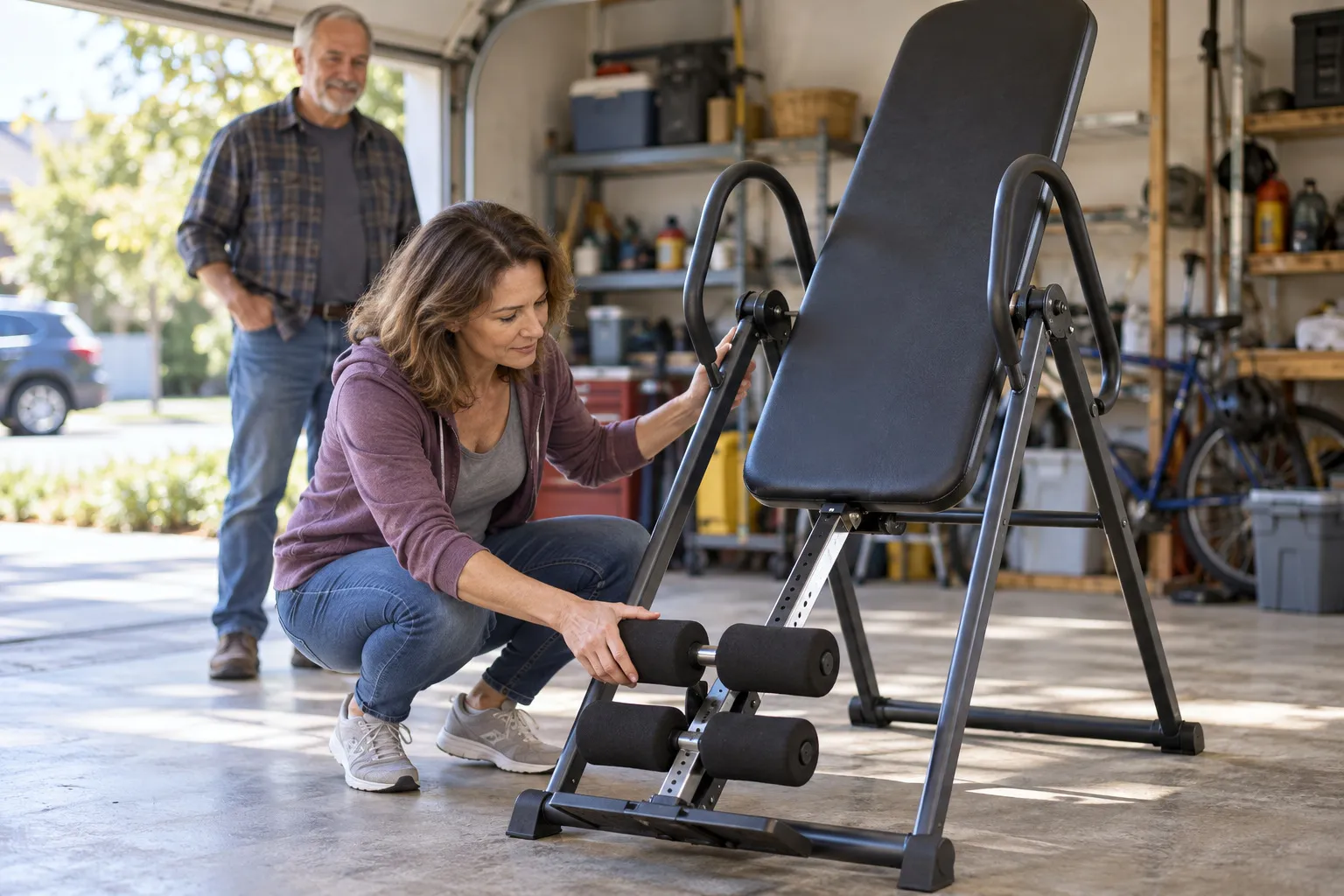 A woman crouching in a sunny garage to check the foam ankle rollers of a used inversion table while the older seller looks on