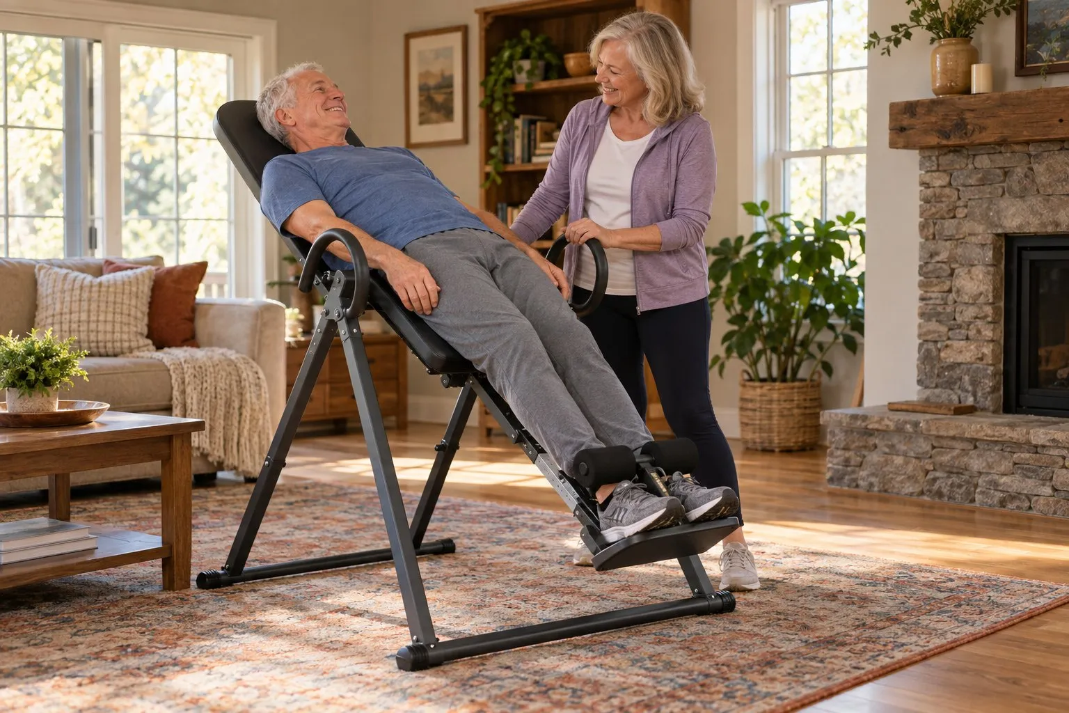 An older man tilted back on an inversion table in a family room while his wife stands beside it, both smiling