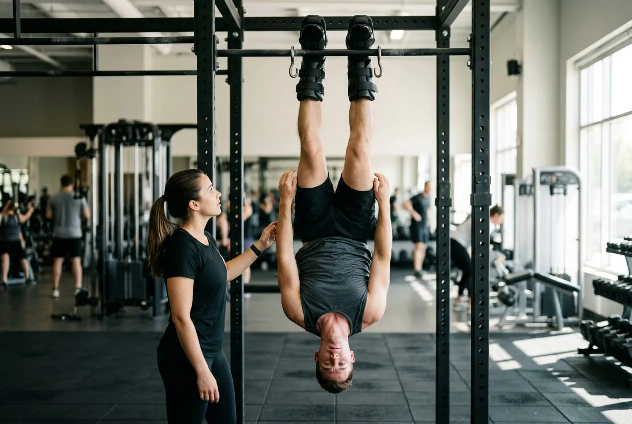 A man hanging upside down from a rack bar in gravity boots while a trainer stands beside him in a gym