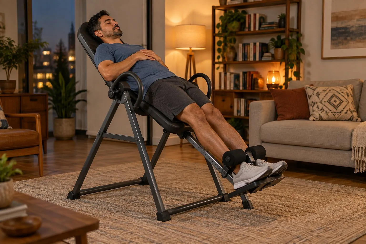 A man resting with his eyes closed on an inversion table tilted back in a living room lit by evening lamps