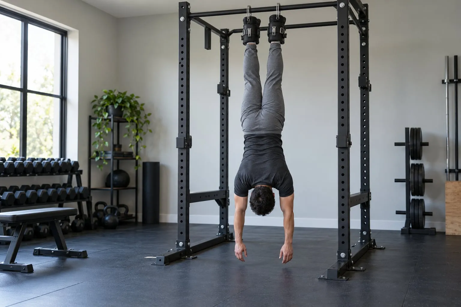 A person in gym clothes seen from behind hanging upside down by gravity boots from a pull-up bar