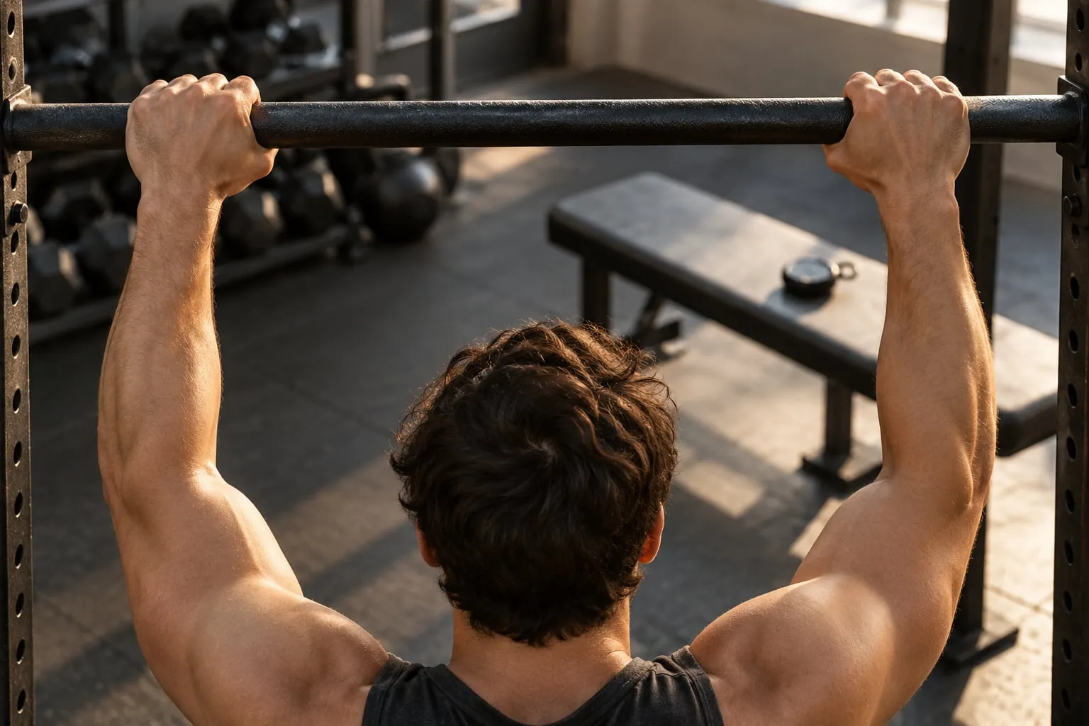 Hands gripping a pull-up bar with a stopwatch resting on a gym bench in the background