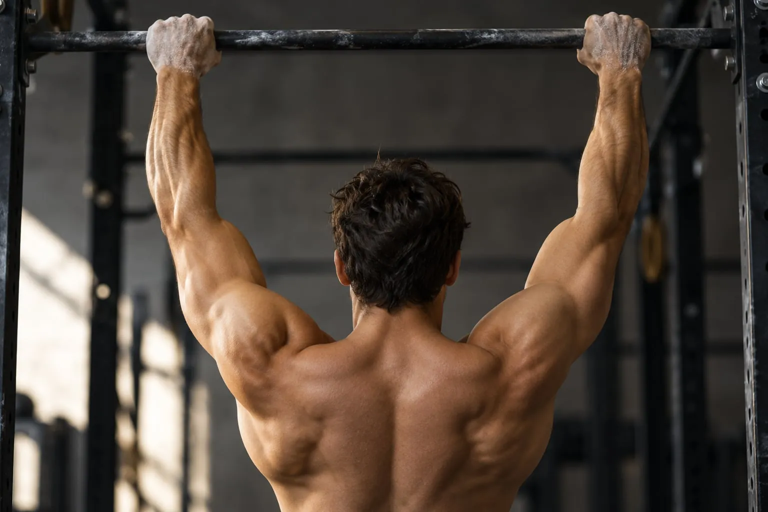 The back and forearms of an athlete hanging from a bar with chalked hands, lit from the side to show the lats