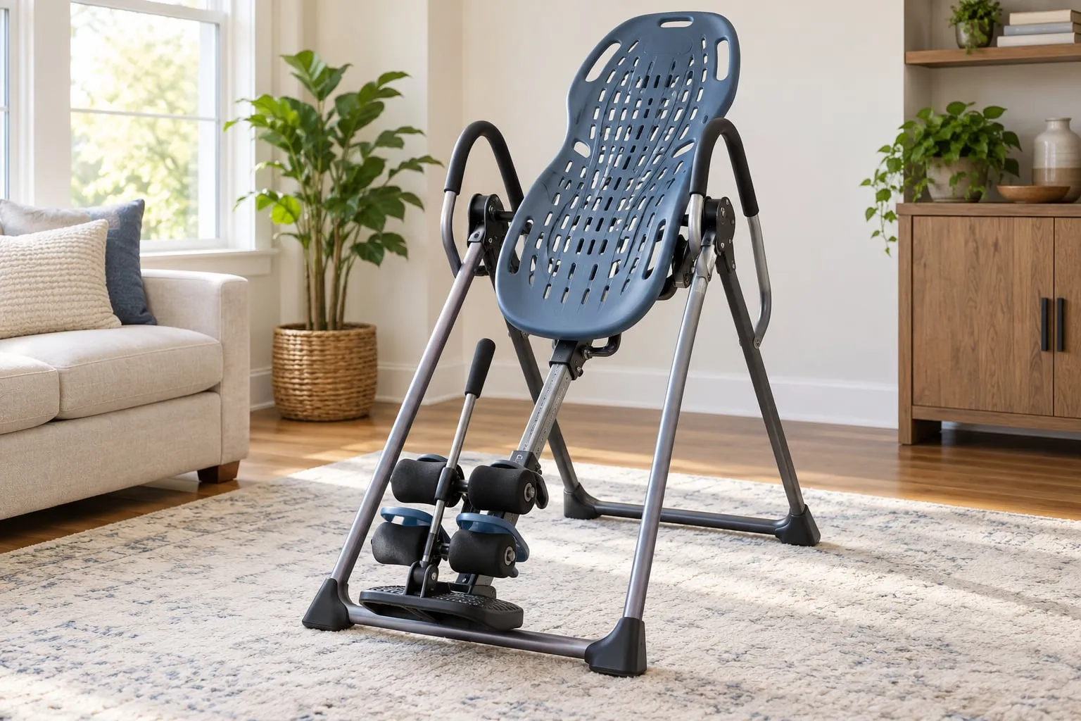 A black-frame inversion table with a padded backrest and ankle clamps in a bright living-room corner