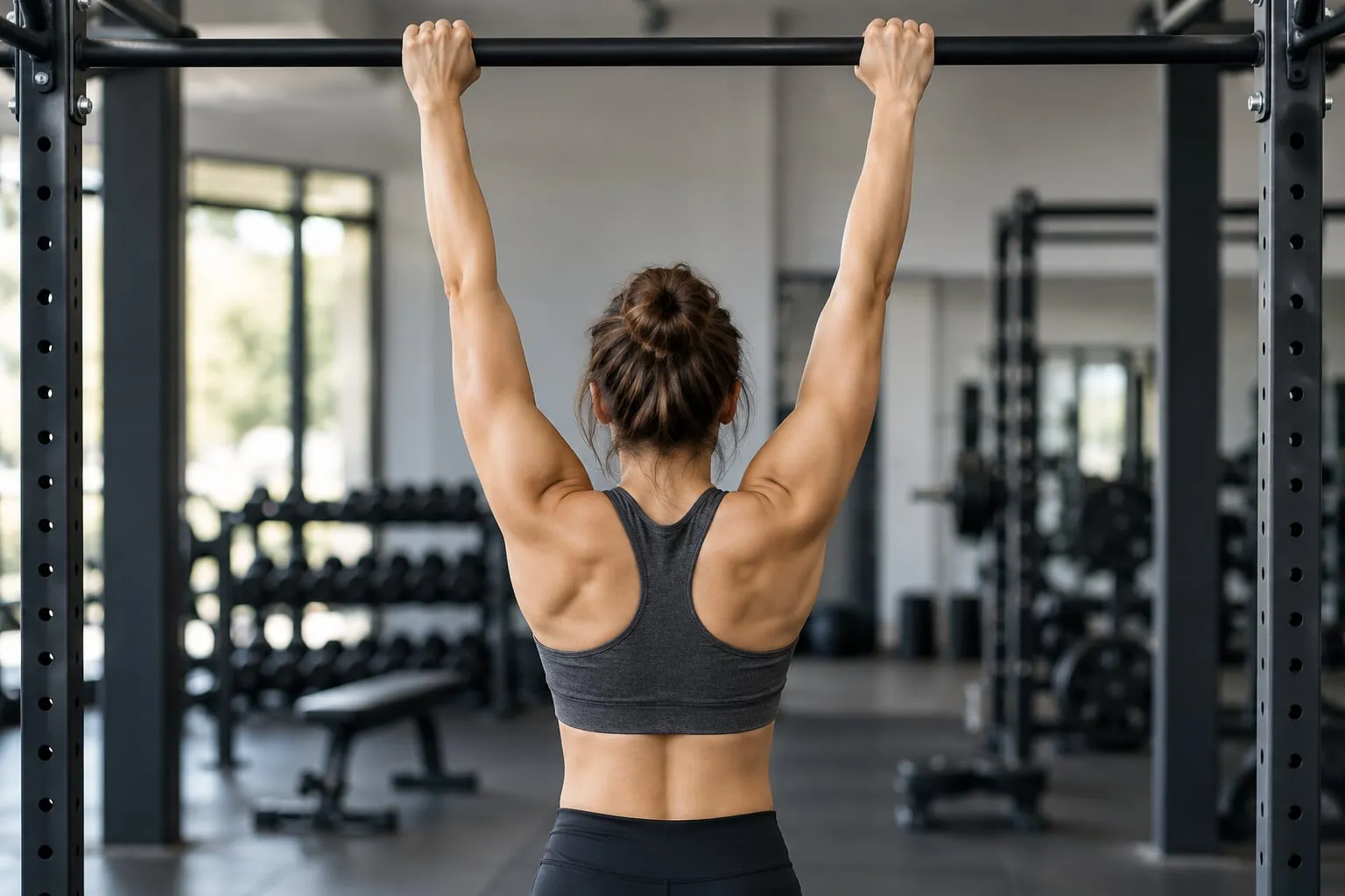 A person seen from behind hanging from a pull-up bar with arms fully extended and shoulders relaxed
