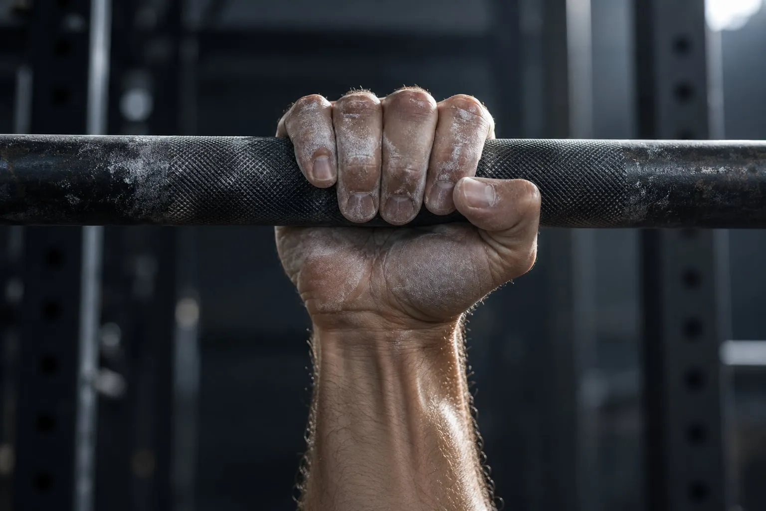 A chalk-dusted hand gripping a knurled pull-up bar against a dark gym background