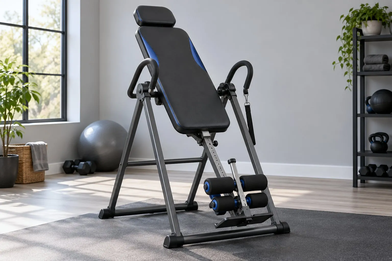 An inversion table tilted back slightly in a bright home gym, with ankle clamps and a foam padded backrest