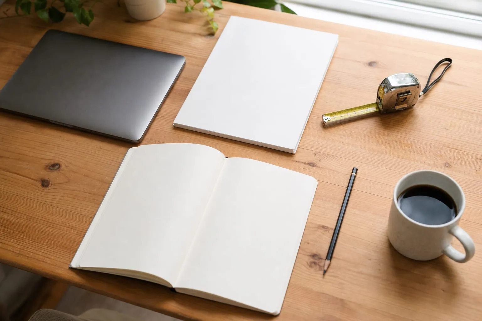 A wooden desk with a closed laptop, blank notebooks, a pencil, a tape measure and a cup of coffee