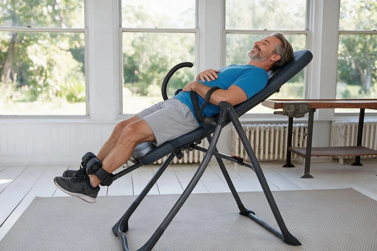 A man reclining on a navy padded inversion table at a shallow angle, feet held by the ankle rollers