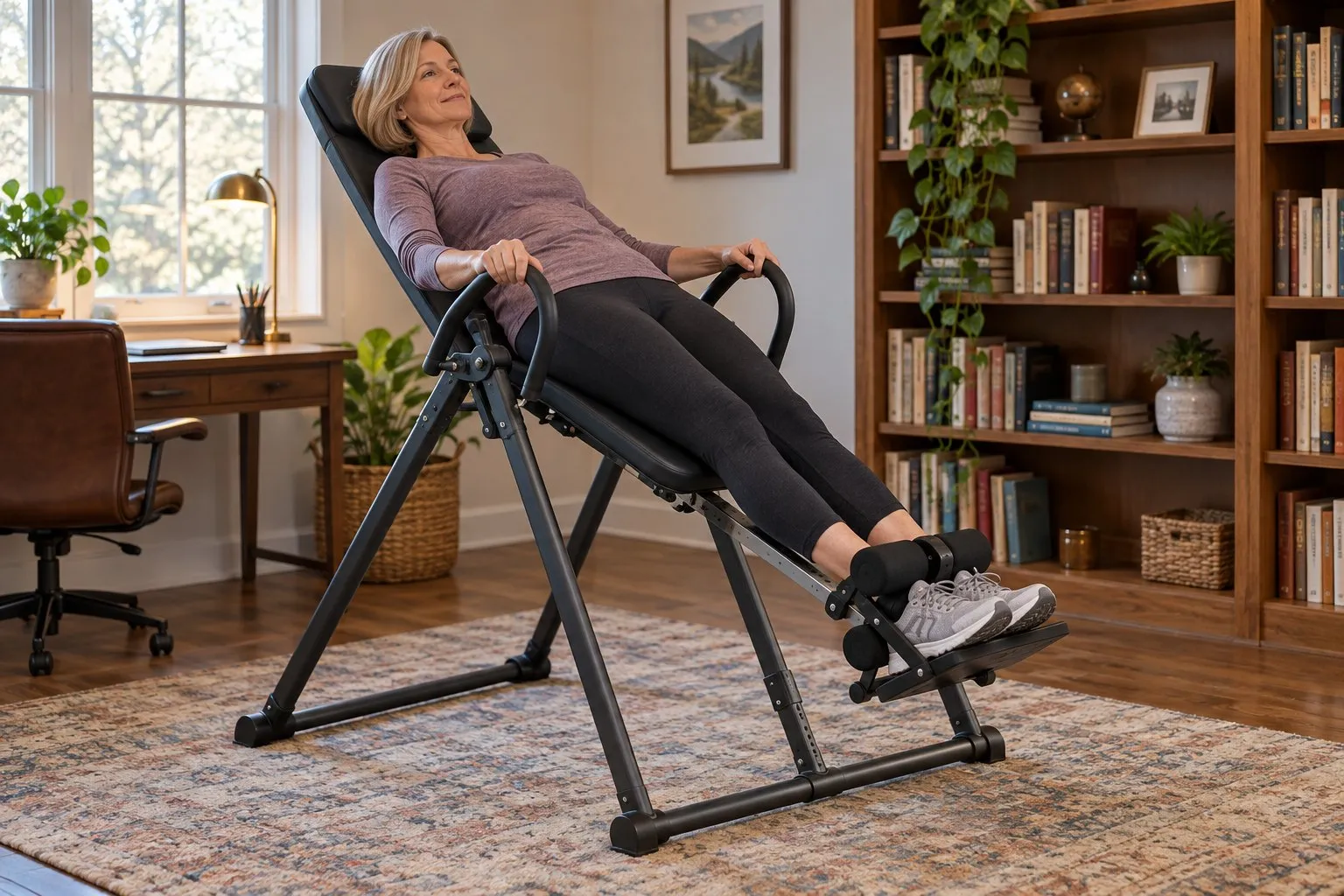 A woman tilted back on an inversion table in a home office, holding the side handles