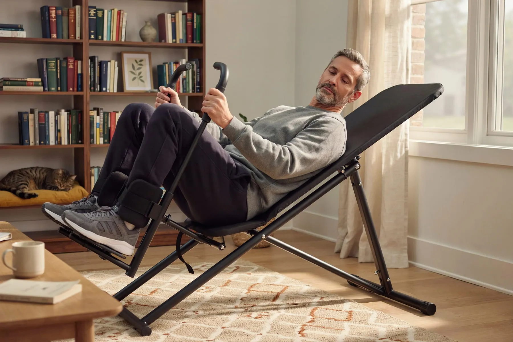 A man sitting back in a reclining inversion chair with his ankles held by padded holders, in a living room