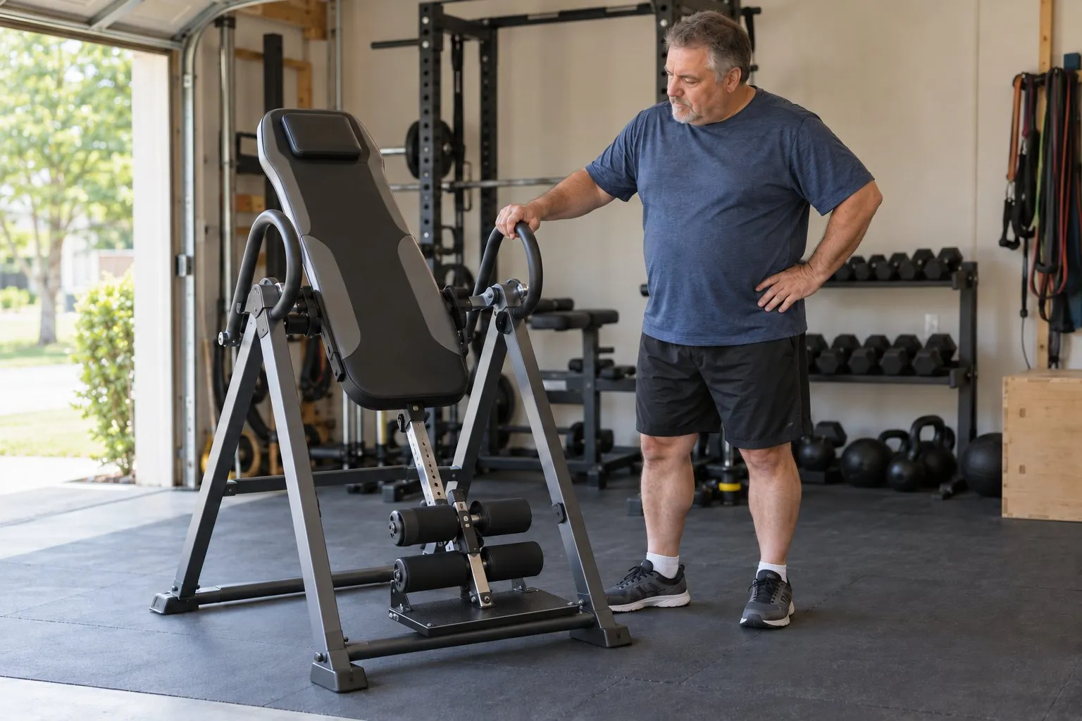A heavyset man standing beside a sturdy inversion table in a garage home gym, one hand on its side handle