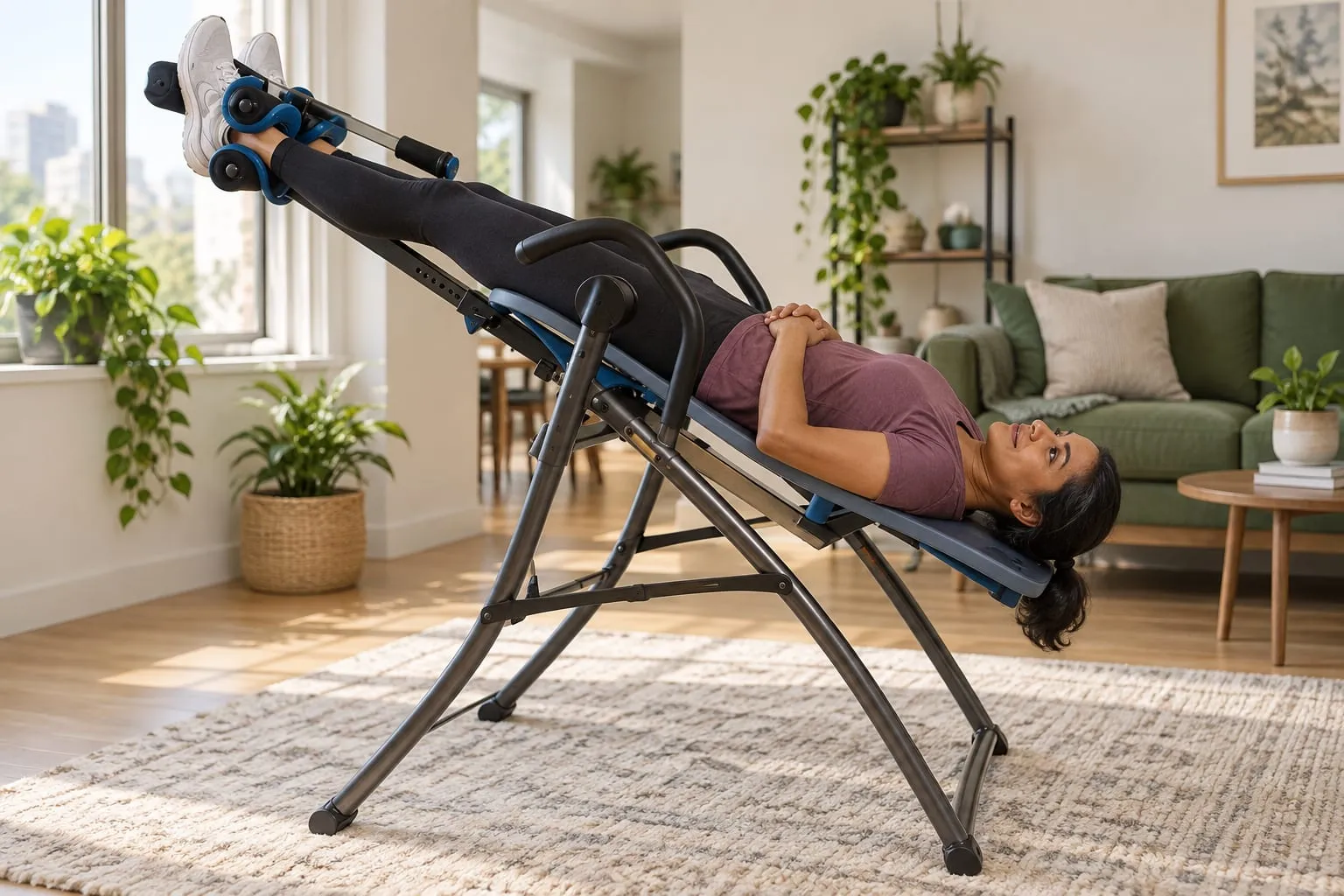 A woman using an inversion table at a shallow angle in a sunny living room, her ankles locked in the foam rollers and her hands resting on her stomach