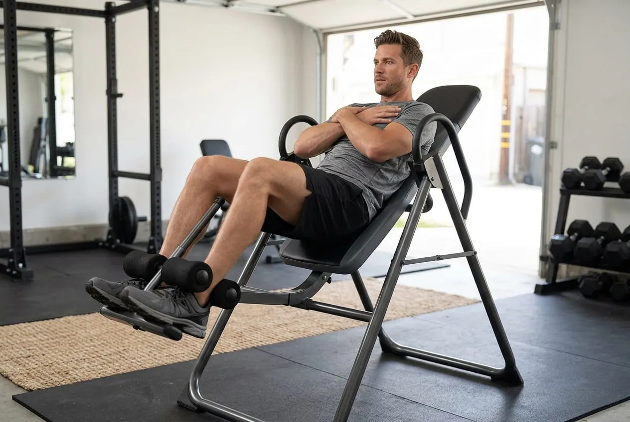 A man seated on an upright inversion table in a home gym, arms crossed and ankles locked, ready to tilt back