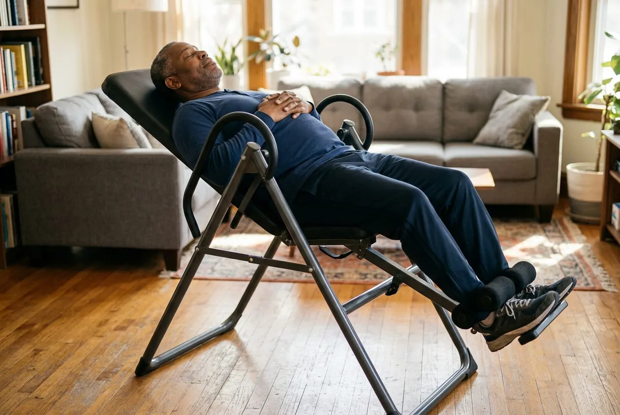 An older man resting on an inversion table at a gentle angle in his living room, hands on his chest