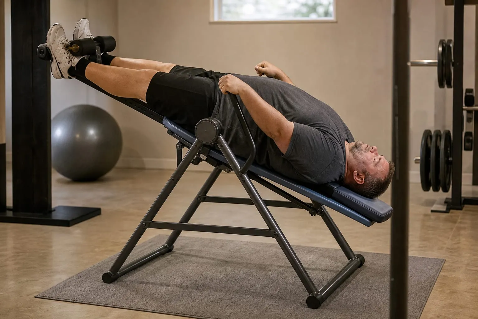 A heavier man tilted head-down on an inversion table in a home gym, gripping the side handles