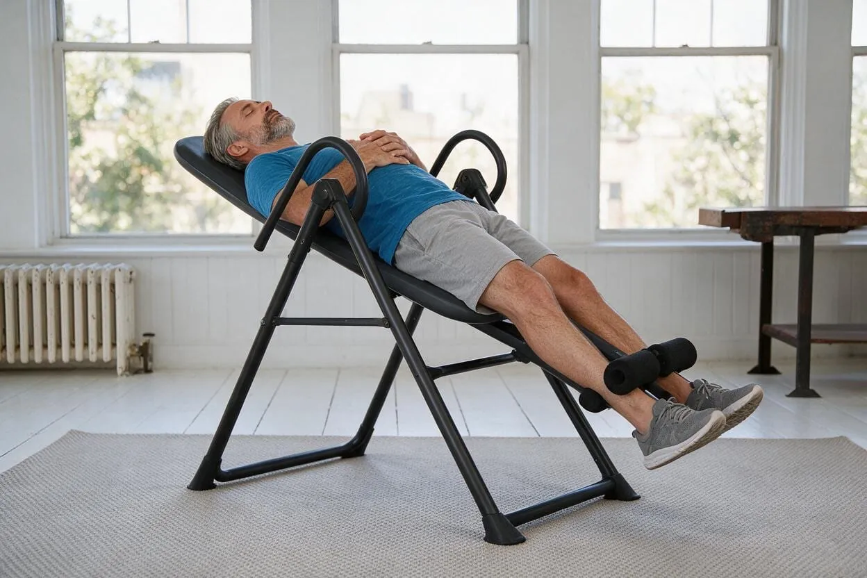 A man lying almost level on an inversion table by a sunny window, hands resting on his chest