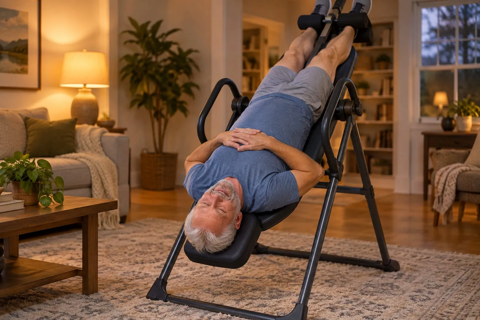 An older man inverted on an inversion table in a warmly lit living room, hands on his stomach