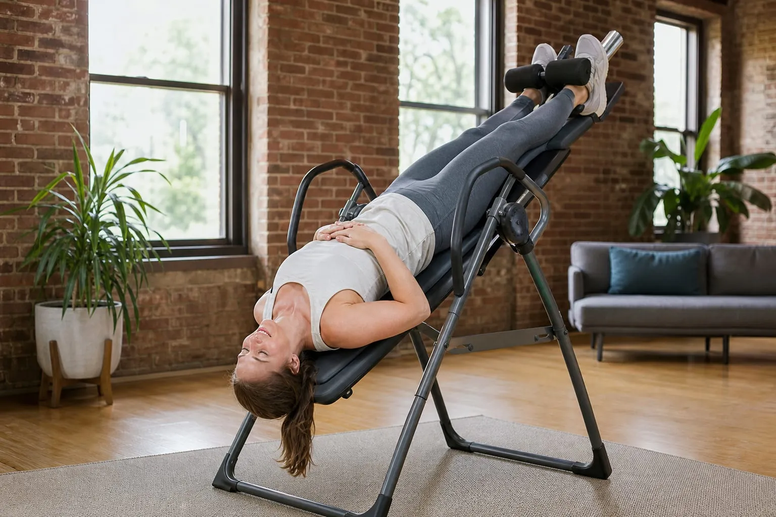 A woman lying back on an inversion table in a brick-walled loft, ankles locked and hands on her stomach