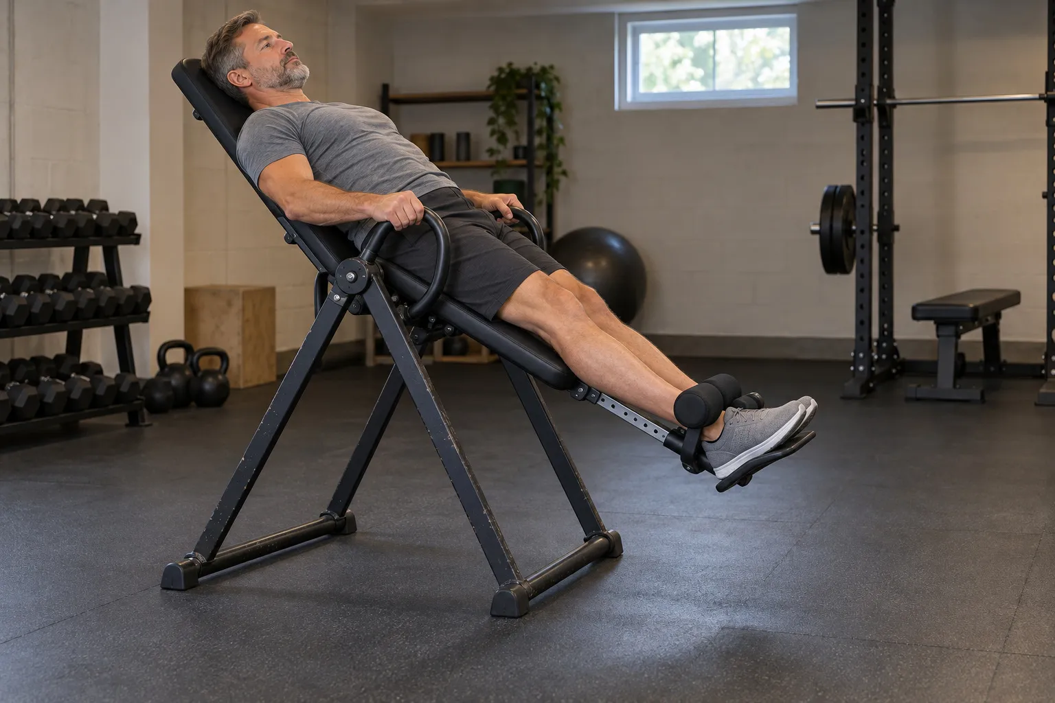 A bearded man tilted back on a sturdy black inversion table in a basement home gym, his hands on the side handles and his ankles locked in the foam rollers