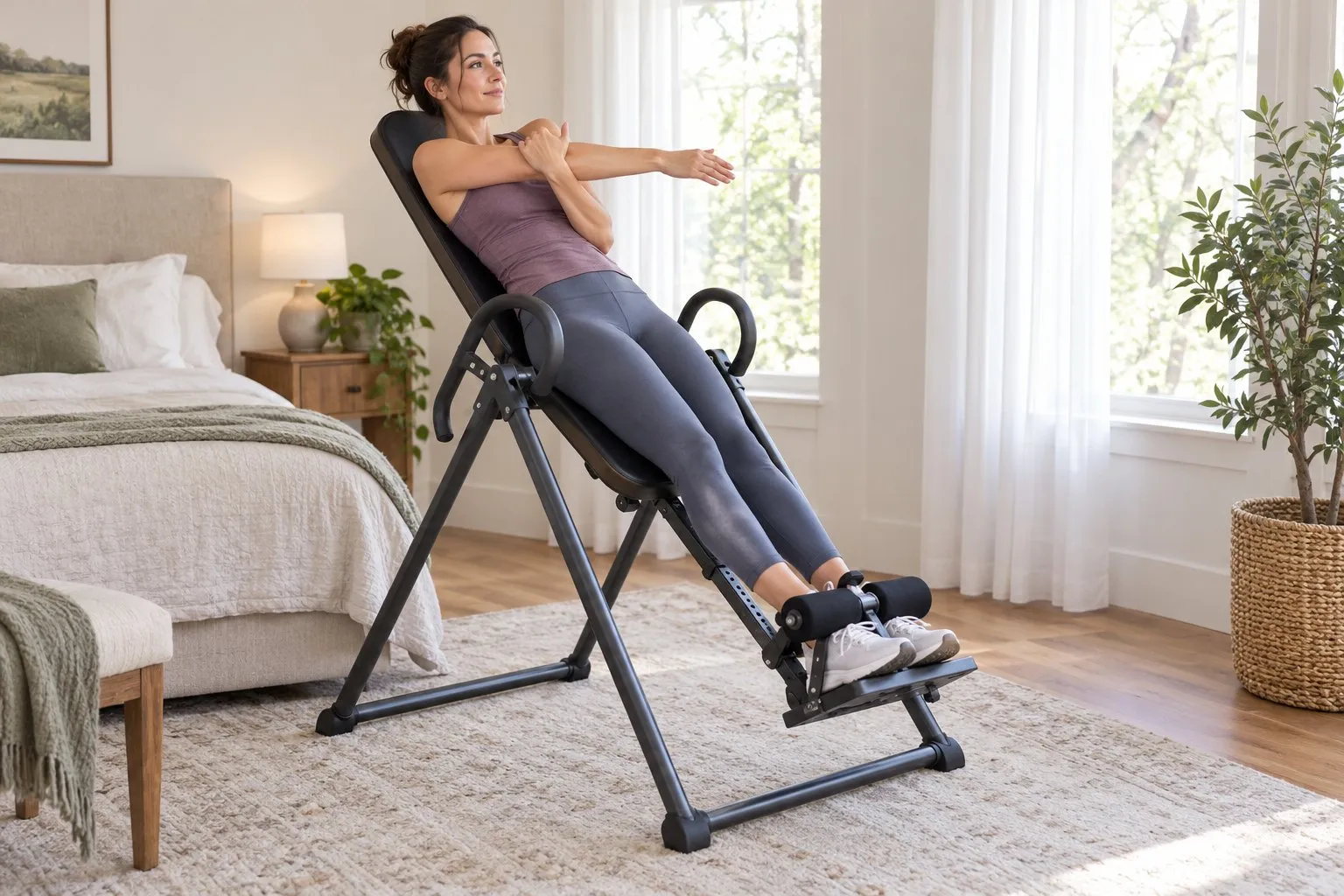 A woman on an inversion table at a shallow angle doing a cross-body arm stretch