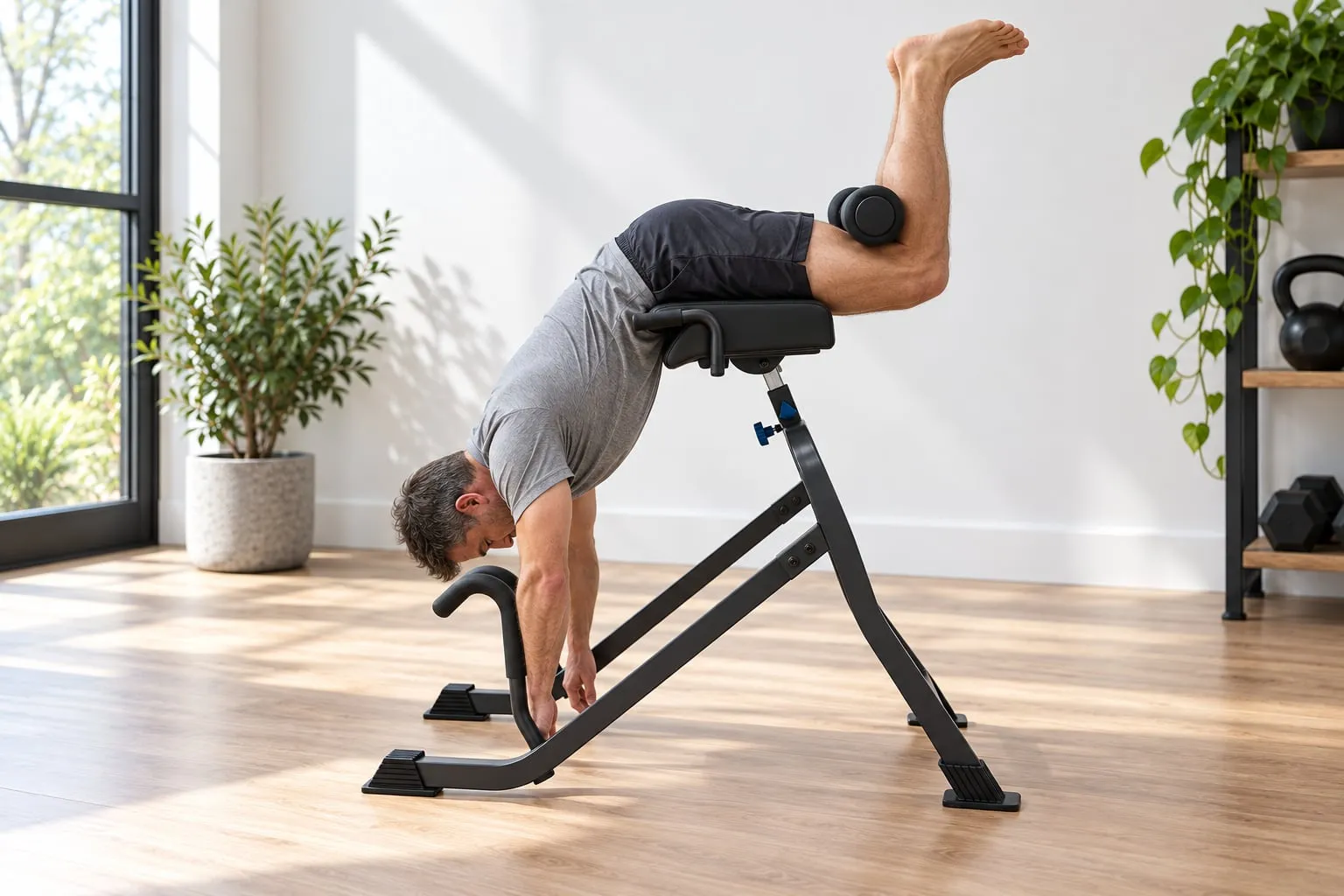 A man using a hip-supported decompression machine, rotated forward with knees bent and no load on the ankles