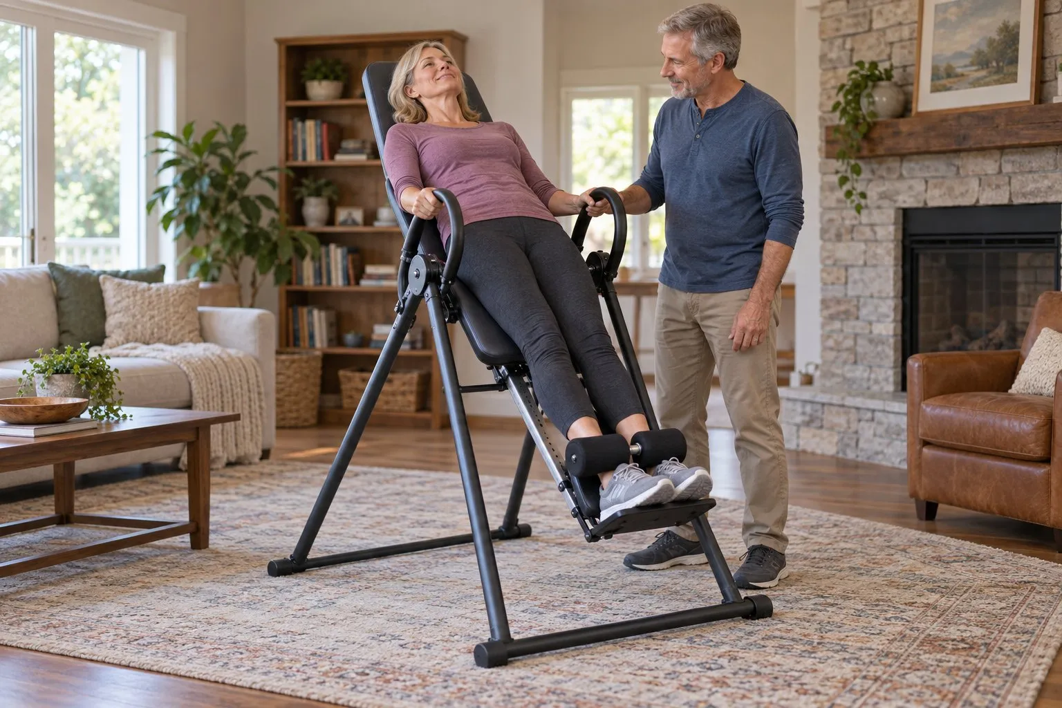 A woman in her 50s on an inversion table at a shallow angle while her partner stands beside the table