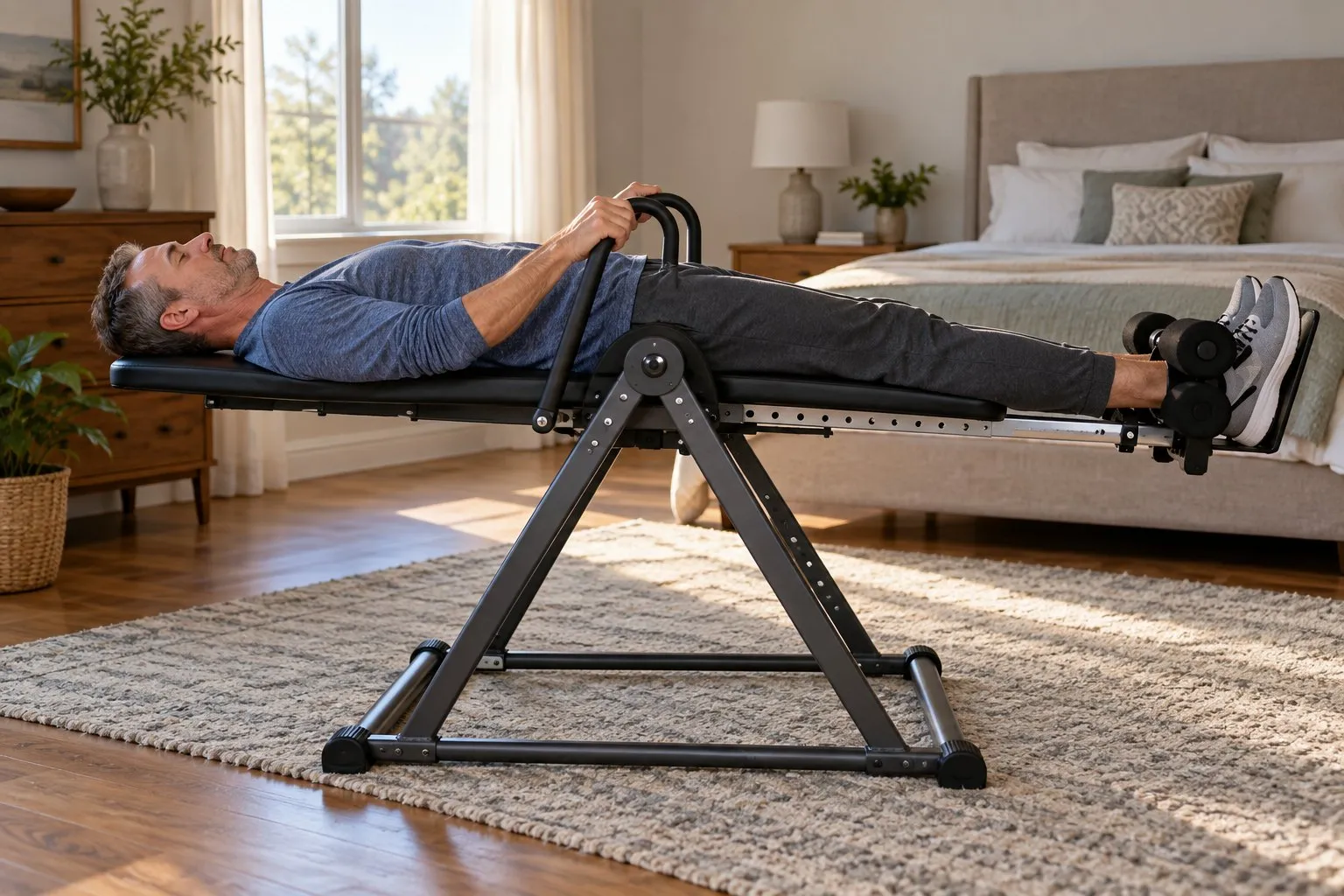 A man resting on an inversion table just short of horizontal before sitting up