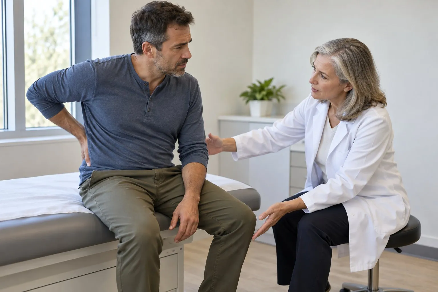 A patient talking with a doctor in a clinic about lower back and leg pain
