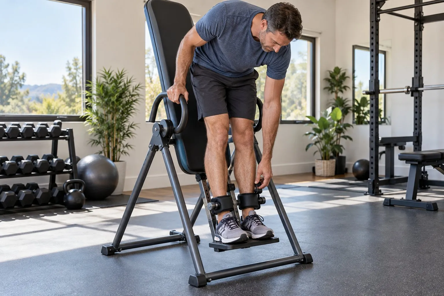 A tall man balancing on the footplate of an inversion table, reaching down to lock the ankle holders