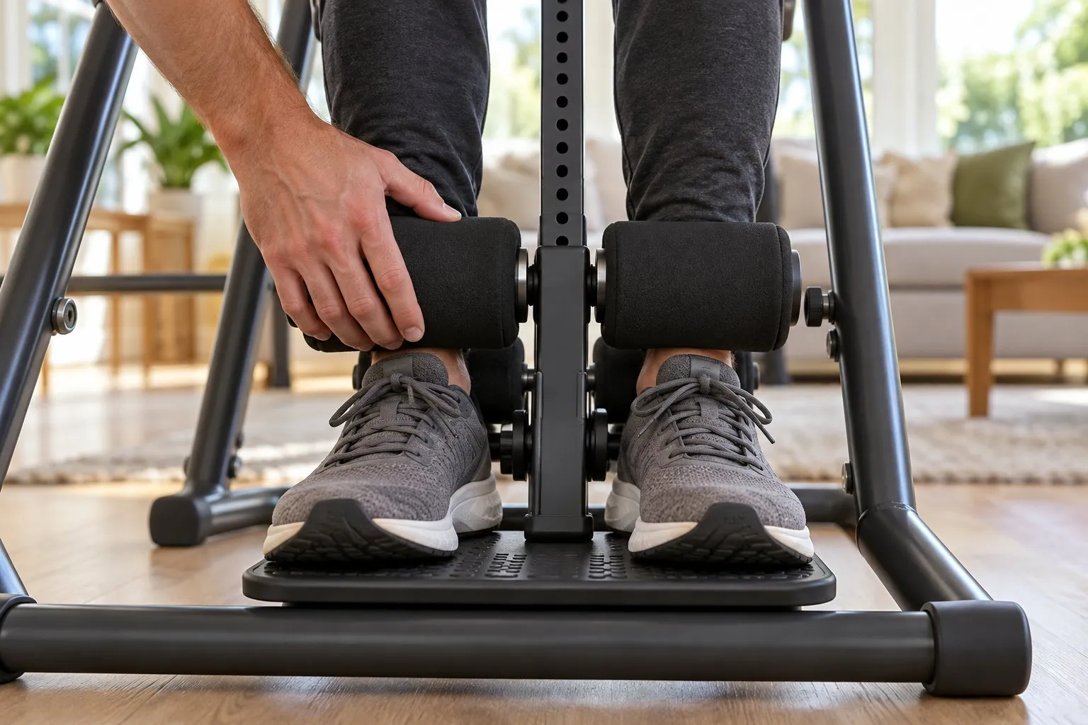 Close-up of hands checking padded ankle holders locked snugly around a user's ankles on an inversion table