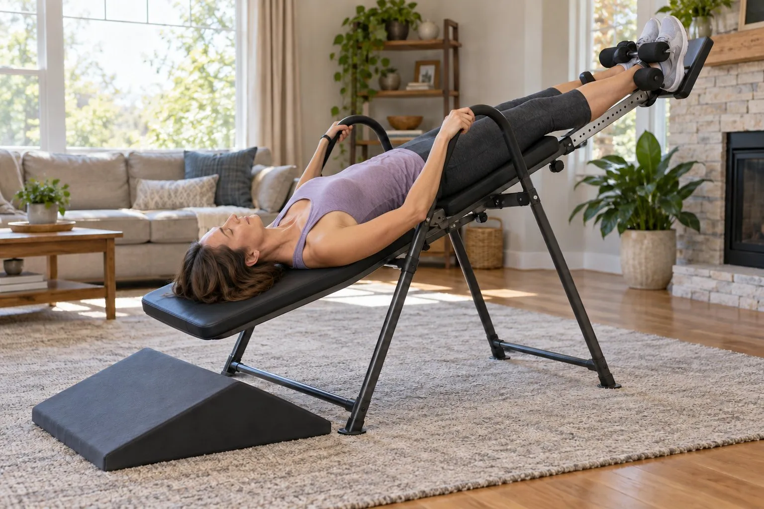 An angled foam wedge on the floor just below the head end of an inverted inversion table