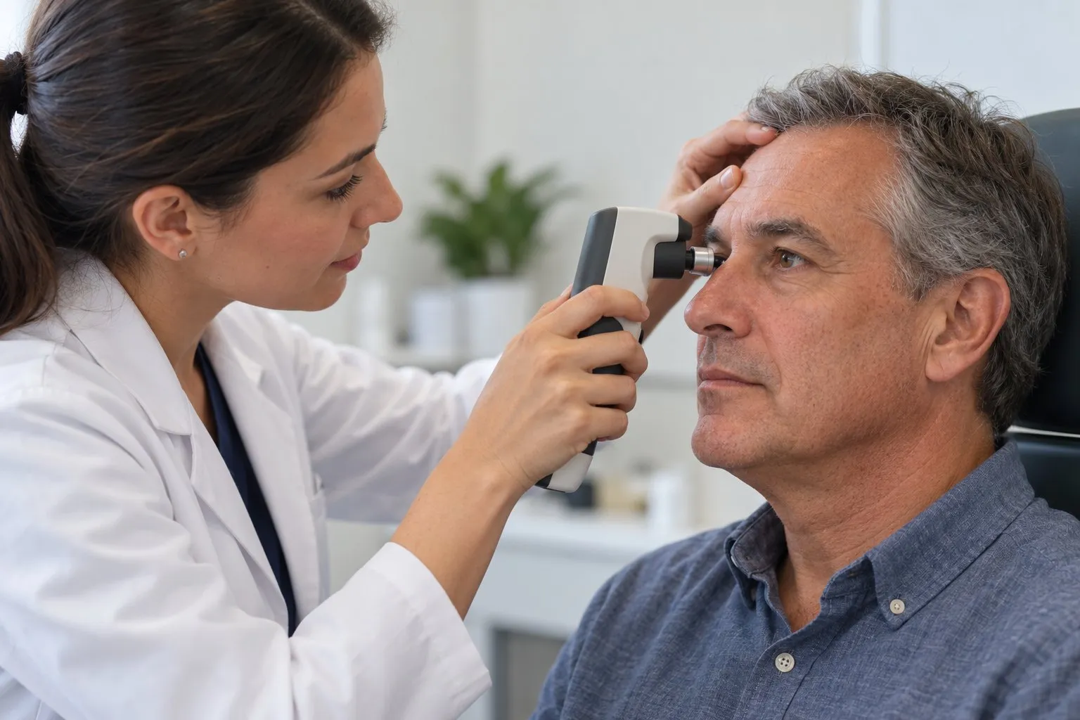 An eye doctor measuring a patient's eye pressure with a tonometer
