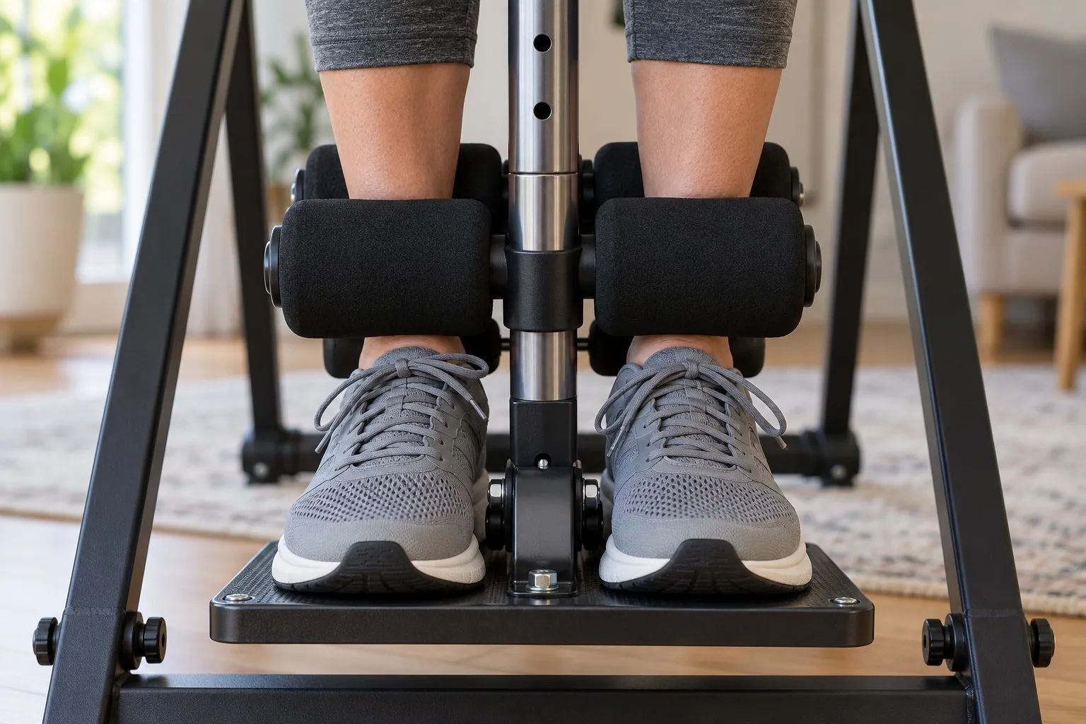 Close-up of laced athletic shoes held in the padded ankle holders of an inversion table