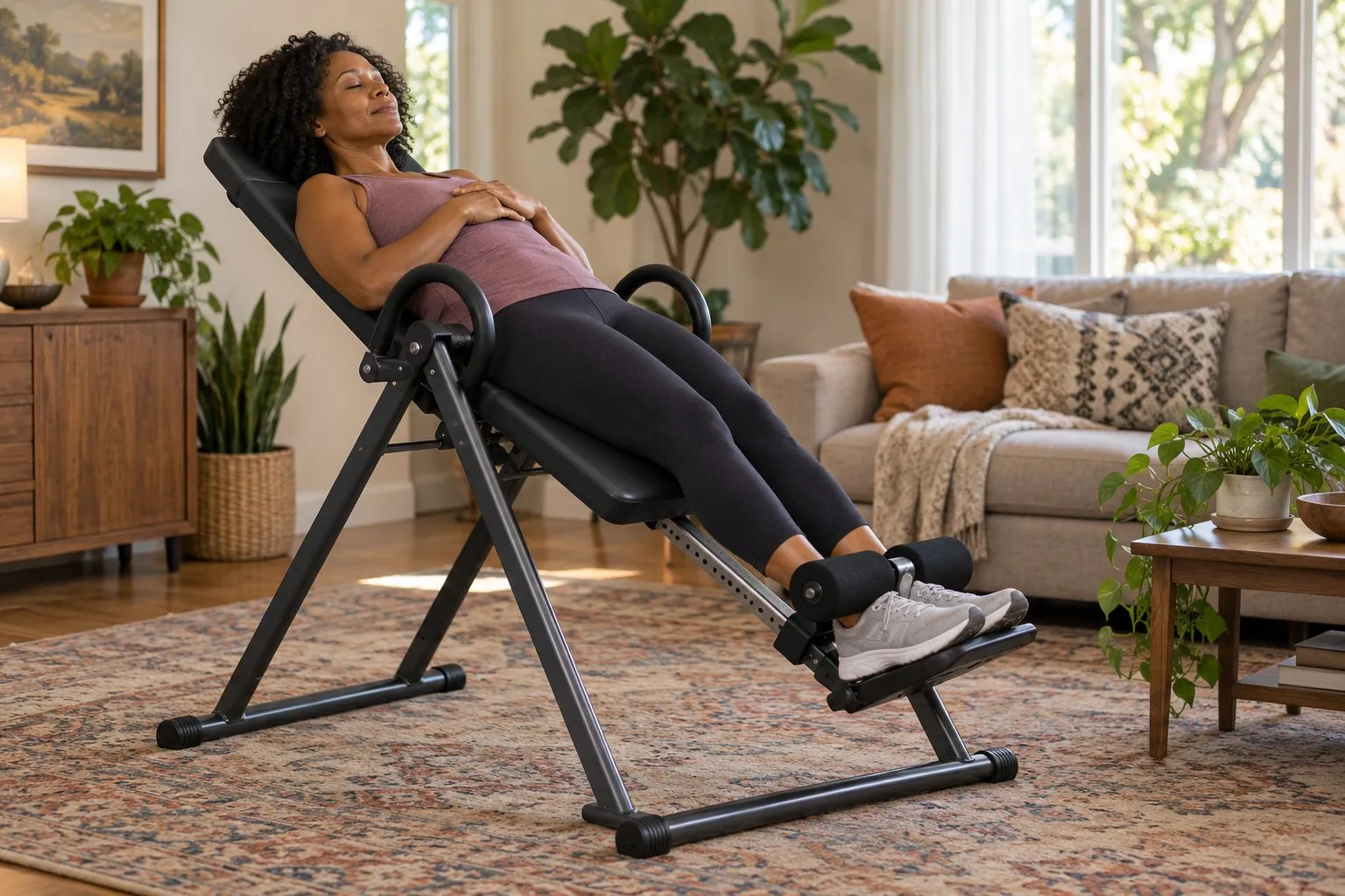 A woman resting with her eyes closed on an inversion table tilted back in a living room with plants