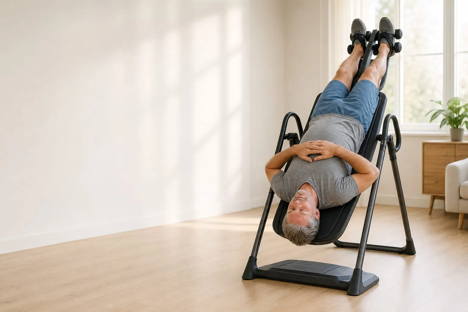 A man fully inverted on an inversion table with a floor platform, in a bright empty room